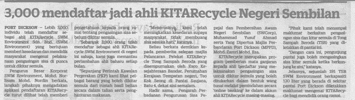 3,000 Mendaftar Jadi Ahli KITARecycle Negeri Sembilan